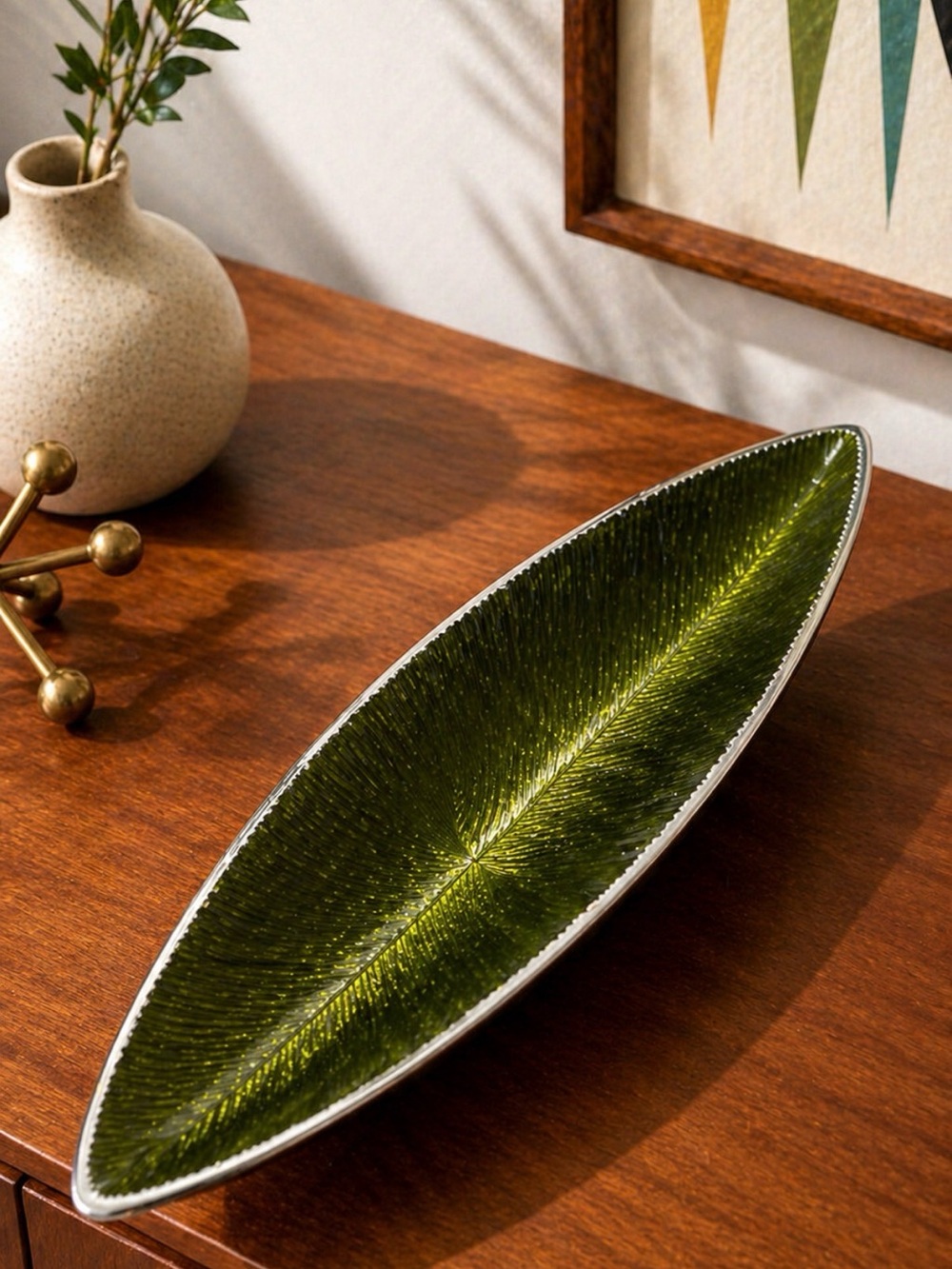 Mid Century Modern Green Art Glass Canoe Bowl Chrome Base 15” Murano Style